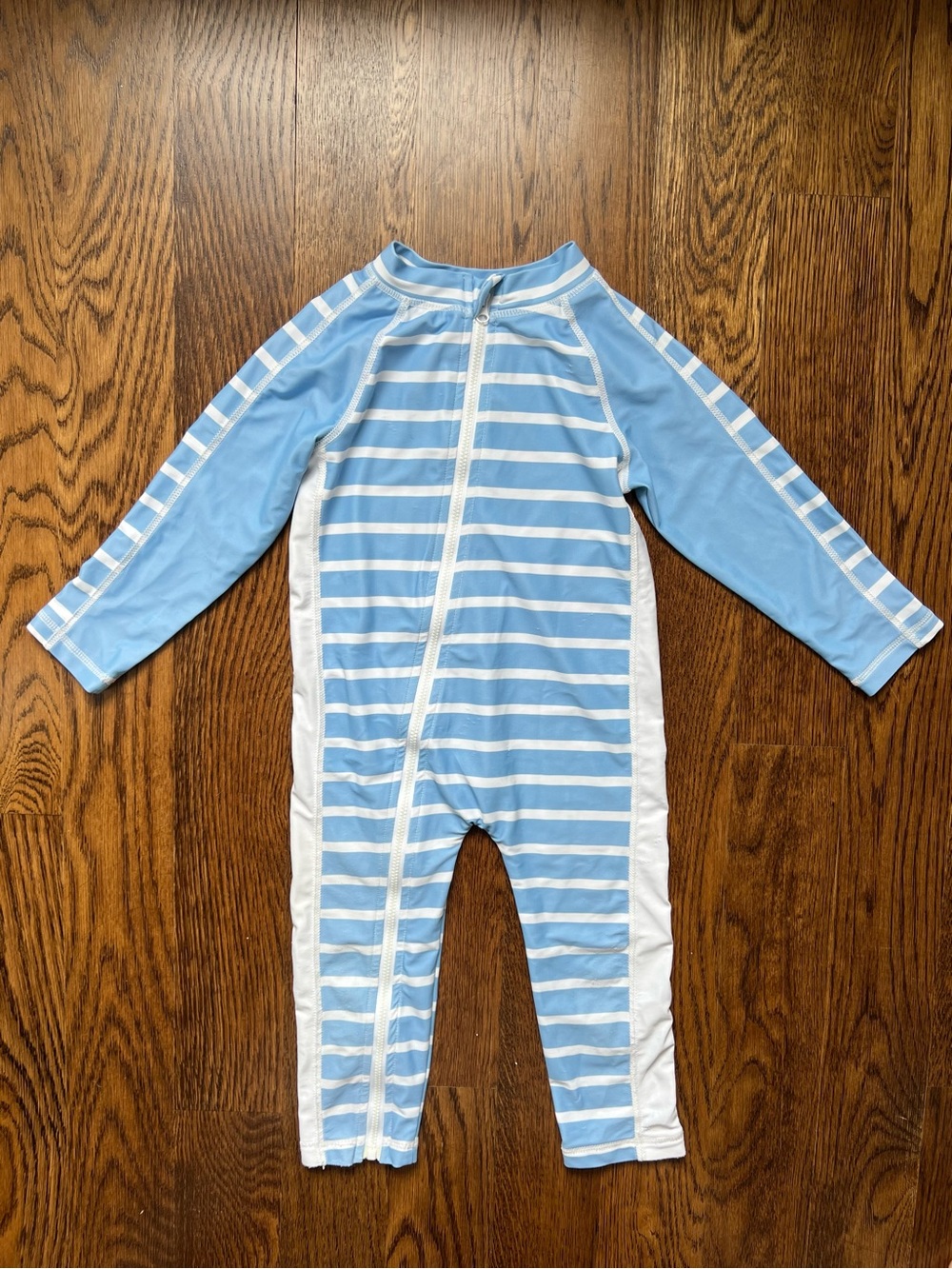 Kids Long Sleeve One-Piece Rash Guard Swimsuit - Light Blue & White Stripes